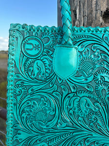 Santa Fe Leather Tooled Tote ~ Turquoise