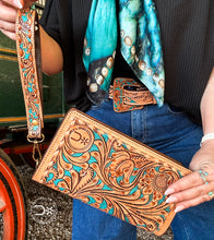 Load image into Gallery viewer, Tooled Organizer Wallet ~ Natural &amp; Turquoise
