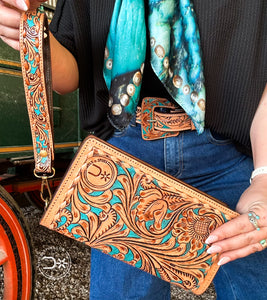 Tooled Organizer Wallet ~ Natural & Turquoise