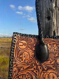 Santa Fe Leather Tooled Tote ~ Black/Brown