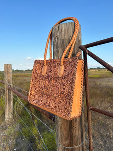 Santa Fe Leather Tooled Tote ~ Natural Tan