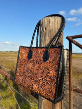 Load image into Gallery viewer, Santa Fe Leather Tooled Tote ~ Black/Brown
