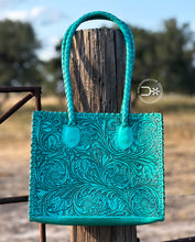 Load image into Gallery viewer, Santa Fe Leather Tooled Tote ~ Turquoise
