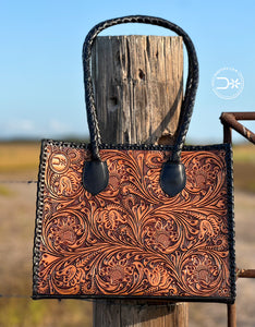 Santa Fe Leather Tooled Tote ~ Black/Brown