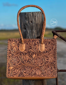 Santa Fe Leather Tooled Tote ~ Natural Tan