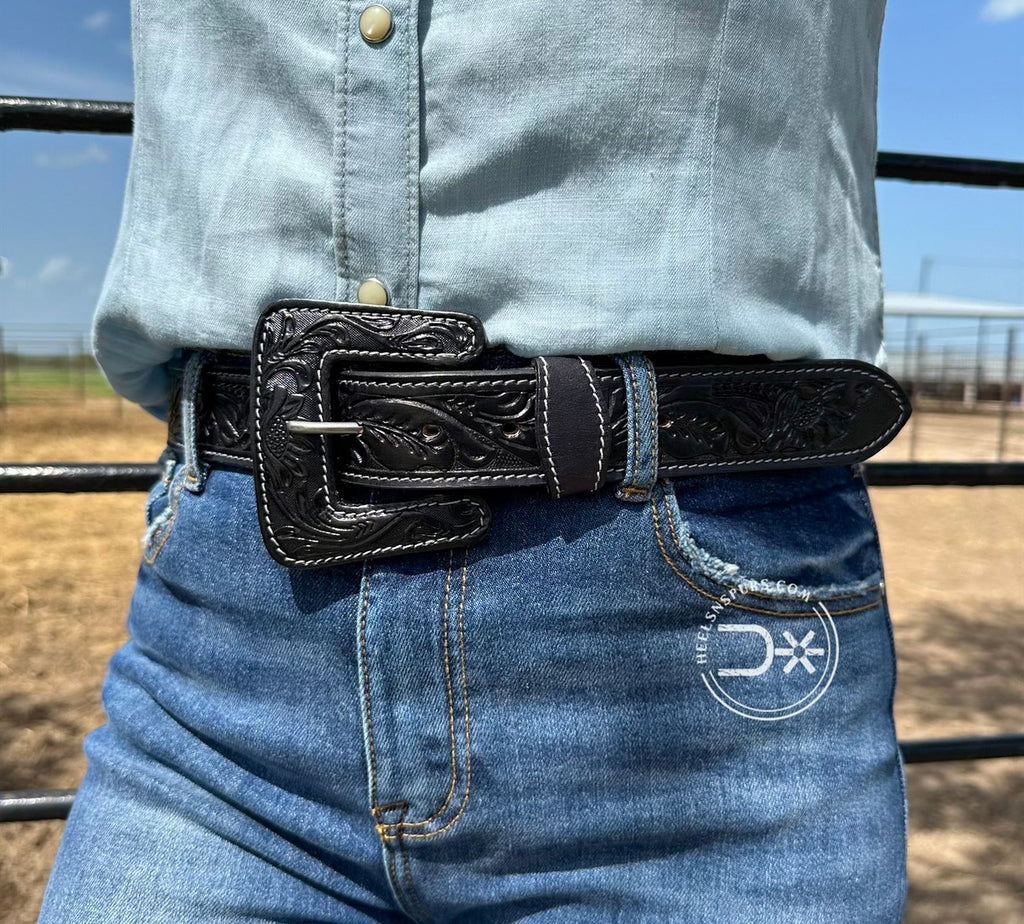 The Stockyards Tooled Belt ~ Black