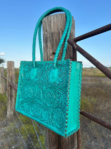 Santa Fe Leather Tooled Tote ~ Turquoise