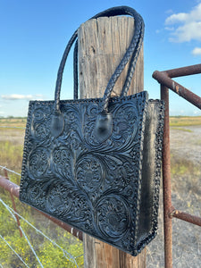 Santa Fe Leather Tooled Tote ~ Black