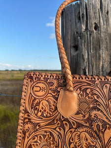 Santa Fe Leather Tooled Tote ~ Natural Tan