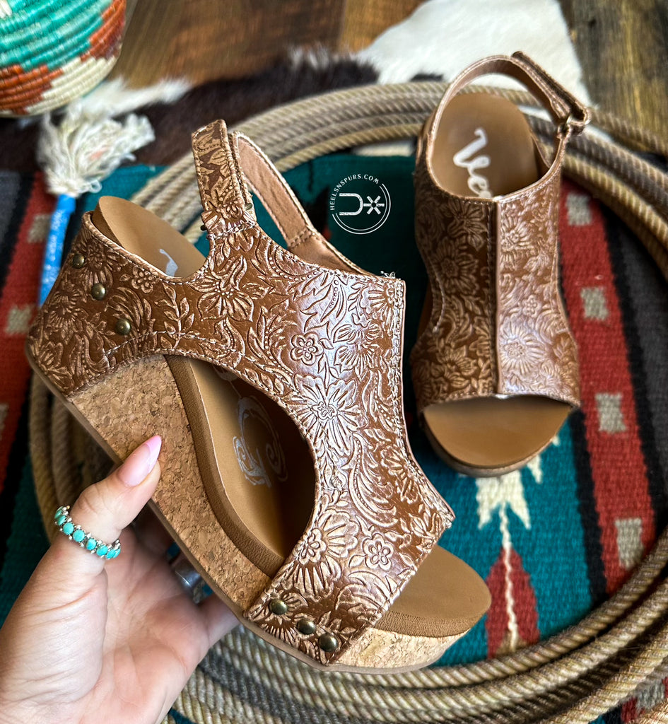 Tooled Embossed Tan Wedges