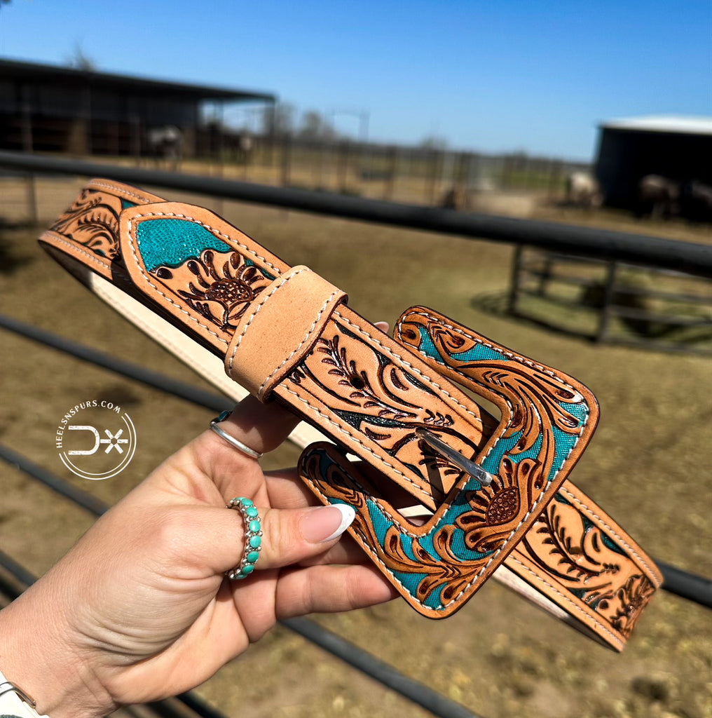 The Stockyards Tooled Belt ~ Turquoise & Natural