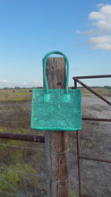 Load and play video in Gallery viewer, Santa Fe Leather Tooled Tote ~ Turquoise
